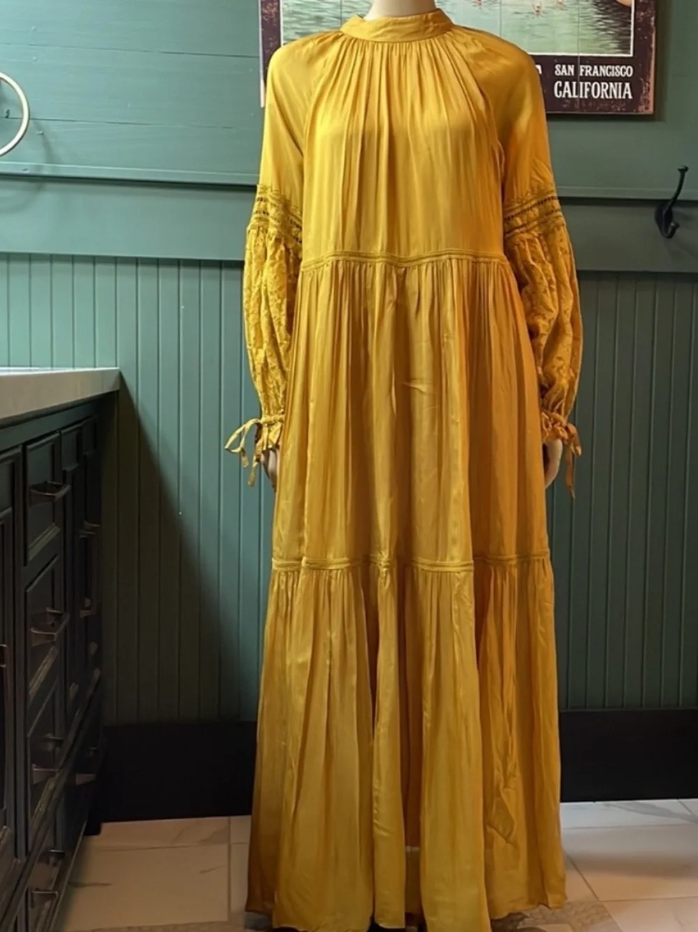 Anthropologie Atsu Aubriana Ruffled Mustard Yellow Lace-Sleeve Maxi Dress